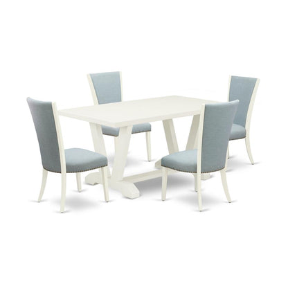 East West Furniture X096VE215-5 5 Piece Dining Room Table Set - 4 Baby Blue Linen Fabric Parson Chairs with Nailheads and Cement Wooden Dining Room Table - Linen White Finish