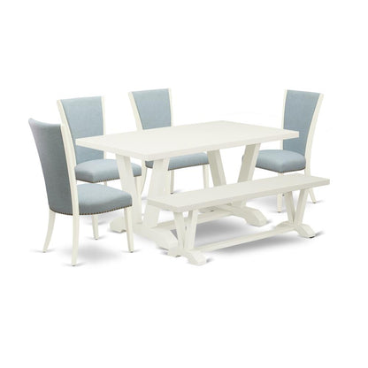 East West Furniture V026VE215-6 6 Piece Dining Room Table Set - 4 Baby Blue Linen Fabric Dining Chair with Nailheads and Linen White Dinner Table - 1 Kitchen Bench - Linen White Finish