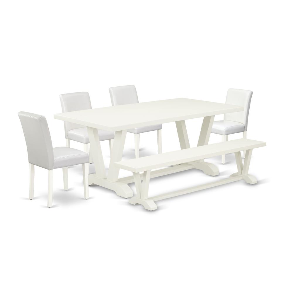 East West Furniture V027AB264-6 6-Piece Amazing Modern Dining Table Set a Superb Linen White dining table Top and Linen White Kitchen Bench and 4 Awesome Pu Leather Dining Chairs with Stylish Chair Ba