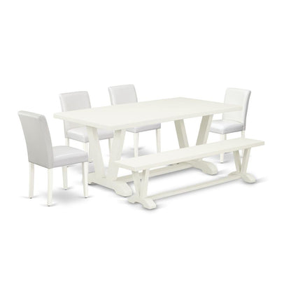 East West Furniture V027AB264-6 6-Piece Amazing Modern Dining Table Set a Superb Linen White dining table Top and Linen White Kitchen Bench and 4 Awesome Pu Leather Dining Chairs with Stylish Chair Ba