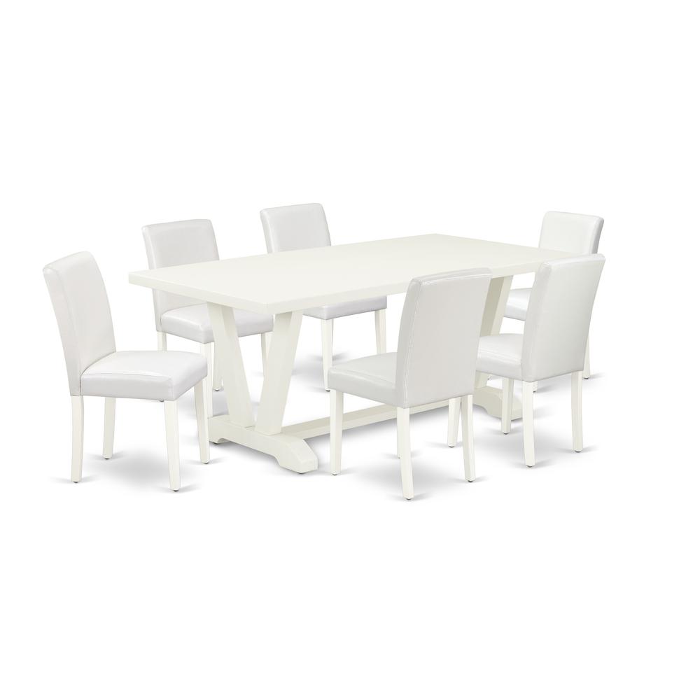 East West Furniture V027AB264-7 7-Piece Beautiful Sining Room Set an Excellent Linen White rectangular Table Top and 6 Amazing Pu Leather Dining Chairs with Stylish Chair Back, Linen White Finish