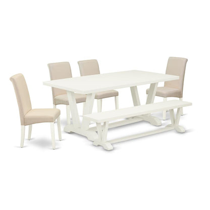 East West Furniture 6-Pc Kitchen Dinette Set-Luxurious cream linen fabric Seat and High Stylish Chair Back Parson Dining chairs, A Rectangular Bench and Rectangular Top Mid Century Dining Table with S