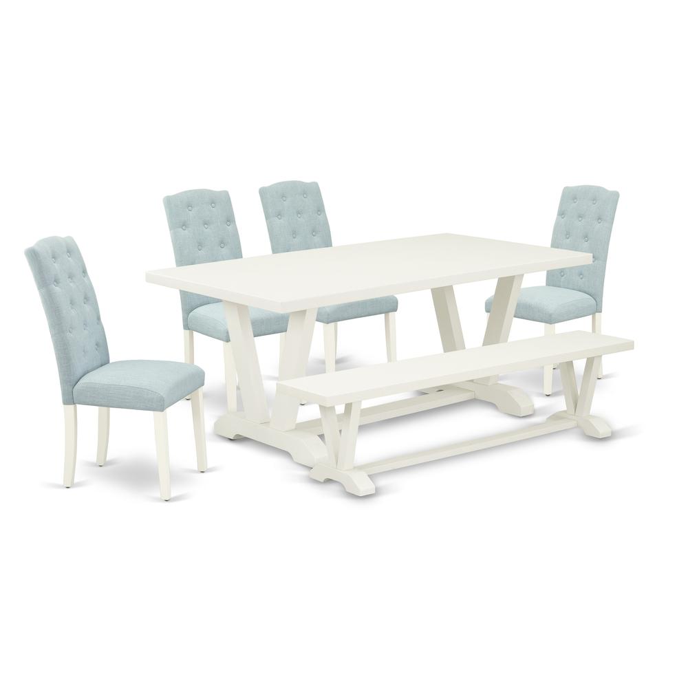 East West Furniture 6-Piece Kitchen Dining Room Set- 4 Parson Dining Room Chairs with Baby Blue Linen Fabric Seat and Button Tufted Chair Back - Rectangular Top & Wooden Legs Dining Room Table and Woo