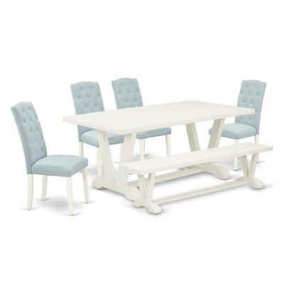 East West Furniture 6-Piece Kitchen Dining Room Set- 4 Parson Dining Room Chairs with Baby Blue Linen Fabric Seat and Button Tufted Chair Back - Rectangular Top & Wooden Legs Dining Room Table and Woo