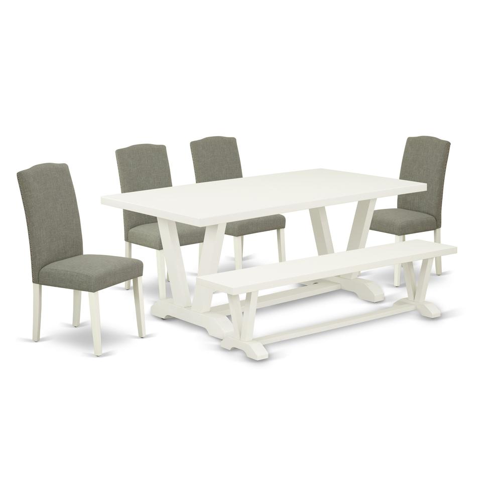 East West Furniture 6-Piece Mid Century Dining Table Set-Dark Shitake Linen Fabric Seat and Button Tufted Chair Back Padded Parson Chairs, A Rectangular Bench and Rectangular Top Wood Kitchen Table wi