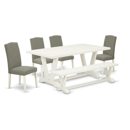East West Furniture 6-Piece Mid Century Dining Table Set-Dark Shitake Linen Fabric Seat and Button Tufted Chair Back Padded Parson Chairs, A Rectangular Bench and Rectangular Top Wood Kitchen Table wi