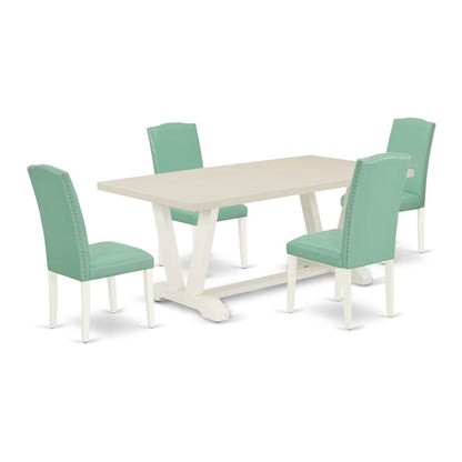 East West Furniture 5 Pc Mid Century Dining Set Consists of a Linen White Wood Table and 4 Pond PU Leather Upholstered Dining Chairs with High Back - Wire Brushed Linen White Finish