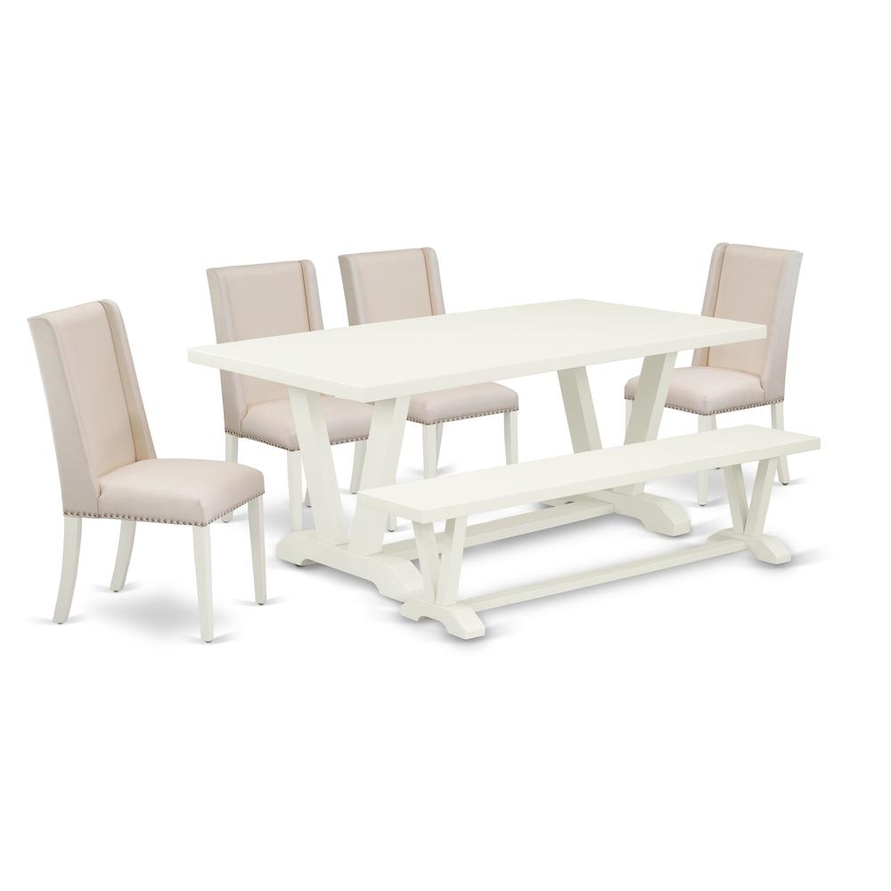 East West Furniture 6-Piece Awesome Dining Table Set a Great Linen White Kitchen Table Top and Linen White Dining Table Bench and 4 Lovely Linen Fabric Parson Chairs with Nail Heads and Stylish Chair