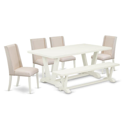 East West Furniture 6-Piece Awesome Dining Table Set a Great Linen White Kitchen Table Top and Linen White Dining Table Bench and 4 Lovely Linen Fabric Parson Chairs with Nail Heads and Stylish Chair