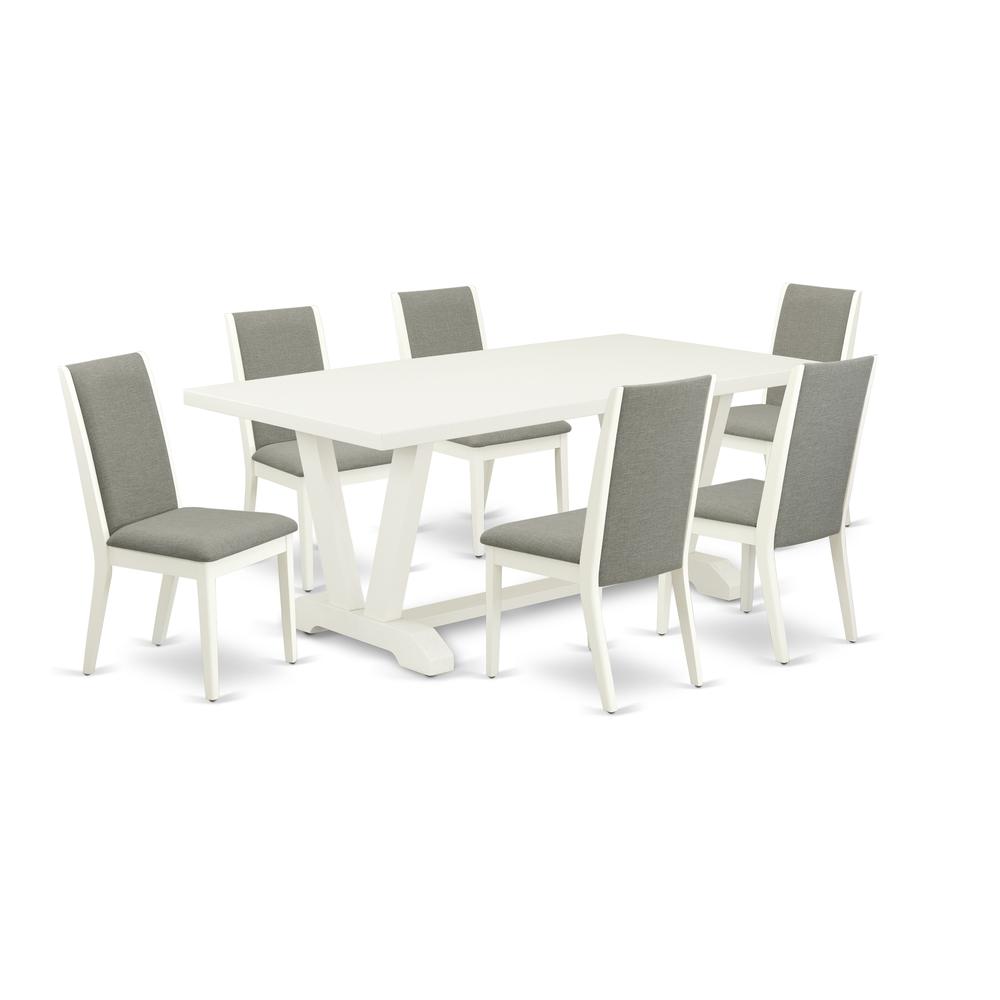 East West Furniture V027LA206-7 7-Piece Fashionable Rectangular Dining Room Table Set a Superb Linen White Rectangular Dining Table Top and 6 Amazing Linen Fabric Padded Chairs with Stylish Chair Back