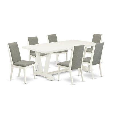 East West Furniture V027LA206-7 7-Piece Fashionable Rectangular Dining Room Table Set a Superb Linen White Rectangular Dining Table Top and 6 Amazing Linen Fabric Padded Chairs with Stylish Chair Back