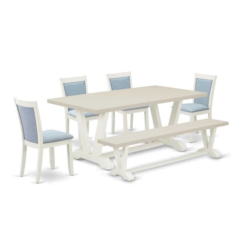 East West Furniture 6-Pc Table Set Includes a Wood Dining Table - 4 Baby Blue Linen Fabric Upholstered Chairs with Stylish Back and a Wood Bench - Wire Brushed Linen White Finish