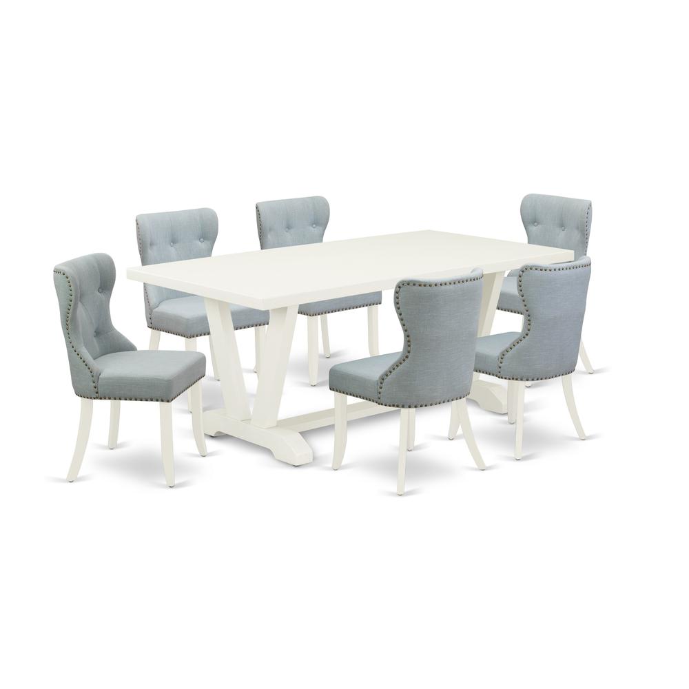 East West Furniture V027SI215-7 7-Pc Dinette Set- 6 Kitchen Parson Chairs with Baby Blue Linen Fabric Seat and Button Tufted Chair Back - Rectangular Table Top & Wooden Legs - Linen White Finish