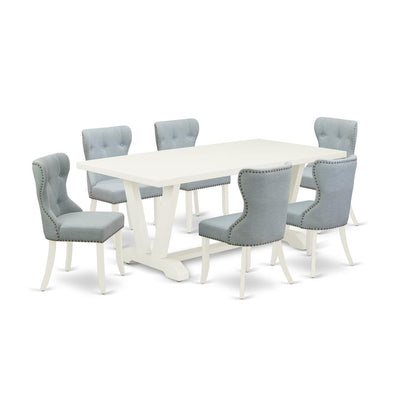 East West Furniture V027SI215-7 7-Pc Dinette Set- 6 Kitchen Parson Chairs with Baby Blue Linen Fabric Seat and Button Tufted Chair Back - Rectangular Table Top & Wooden Legs - Linen White Finish