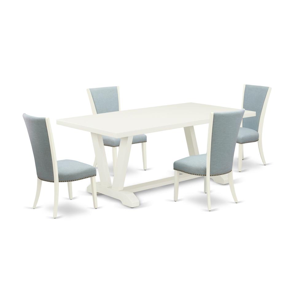 East West Furniture V027VE215-5 5 Piece Mid Century Dining Room Set - 4 Baby Blue Linen Fabric Parson Chairs with Nailheads and Linen White Kitchen Table - Linen White Finish