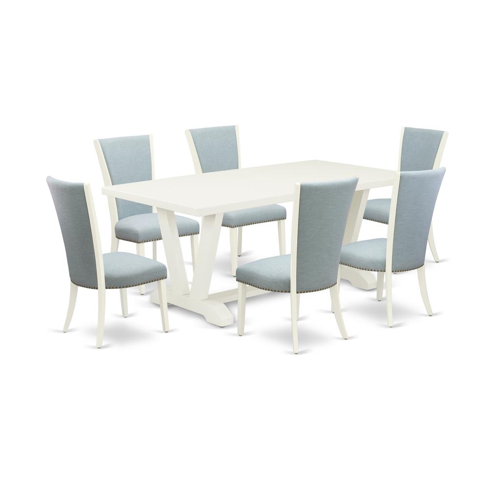 East West Furniture V027VE215-7 7-Piece Mid Century Dining Set - 6 Baby Blue Linen Fabric Parson Dining Chairs with Nail Heads and Linen White Wooden Table - Linen White Finish