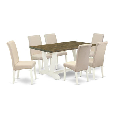 East West Furniture 7-Piece Modern Dining Table Set a Superb Distressed Jacobean Kitchen Rectangular Table Top and 6 Stunning Linen Fabric Solid Wood Leg Chairs with High Roll Chair Back, Linen White