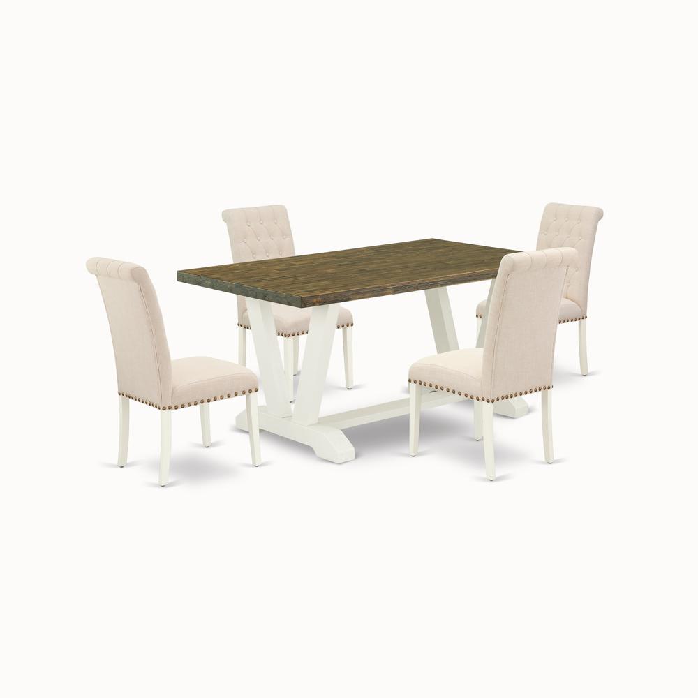 East West Furniture V076BR202-5 5-Piece Stylish Dinette Set an Excellent Distressed Jacobean Kitchen Table Top and 4 Lovely Linen Fabric Kitchen Parson Chairs with Nail Heads and Button Tufted Chair B