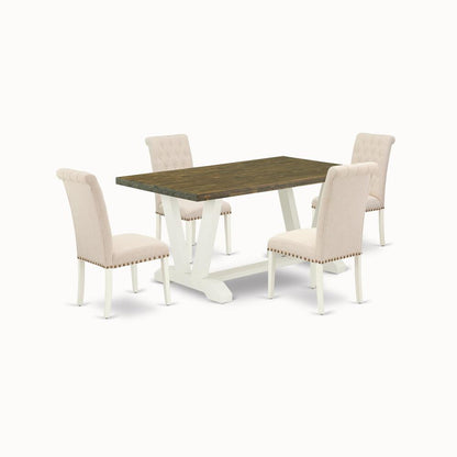 East West Furniture V076BR202-5 5-Piece Stylish Dinette Set an Excellent Distressed Jacobean Kitchen Table Top and 4 Lovely Linen Fabric Kitchen Parson Chairs with Nail Heads and Button Tufted Chair B
