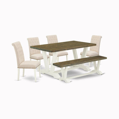 East West Furniture V076BR202-6 6-Piece Fashionable Modern Dining Table Set a Superb Distressed Jacobean dining table Top and Distressed Jacobean Wood Bench and 4 Beautiful Linen Fabric Parson Dining