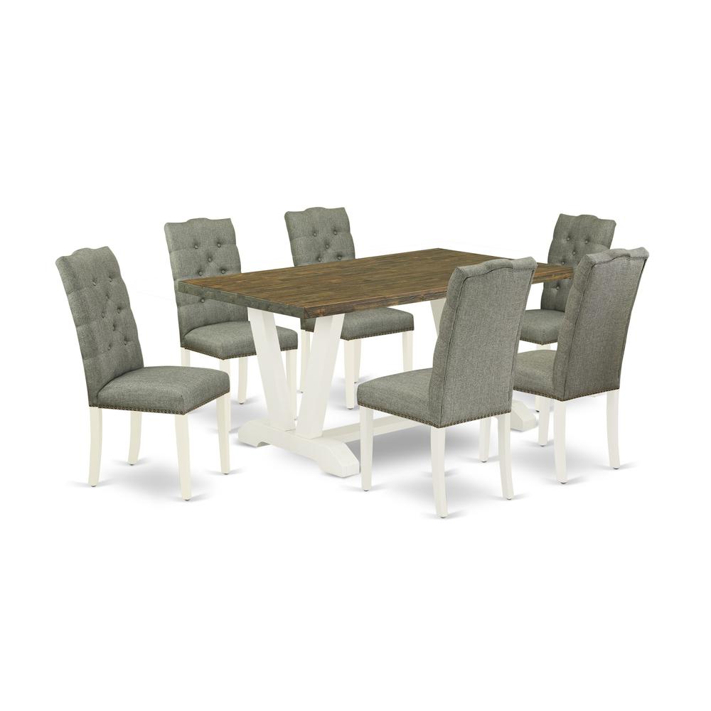 East West Furniture V076EL207-7 7-Pc Dining Table Set- 6 Dining Padded Chairs with Smoke Linen Fabric Seat and Button Tufted Chair Back - Rectangular Table Top & Wooden Legs - Distressed Jacobean and