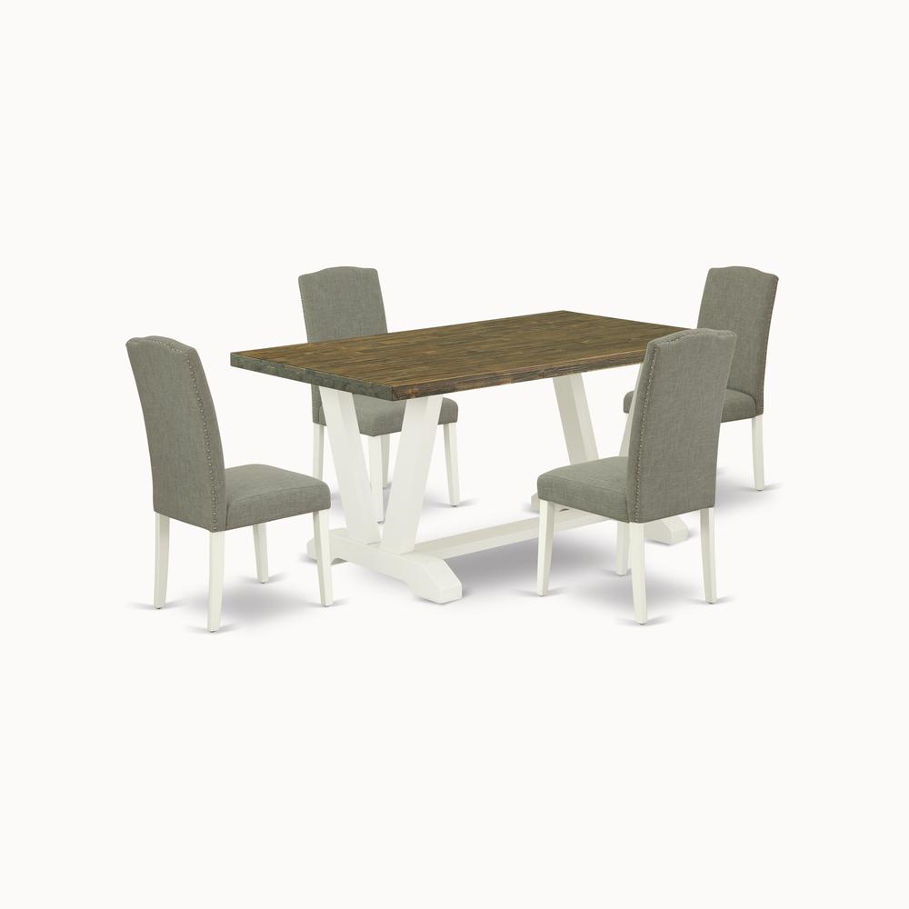 East West Furniture V076EN206-5 5-Piece Modern Kitchen Table Set an Outstanding Distressed Jacobean Wood Dining Table Top and 4 Attractive Linen Fabric Padded Parson Chairs with Nail Heads and Stylish