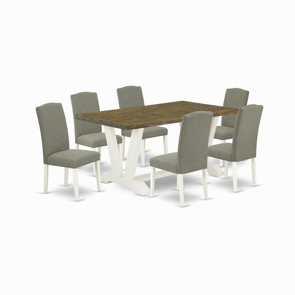 East West Furniture V076EN206-7 7-Piece Fashionable Dining Set a Great Distressed Jacobean Kitchen Table Top and 6 Attractive Linen Fabric Dining Room Chairs with Nail Heads and Stylish Chair Back, Li