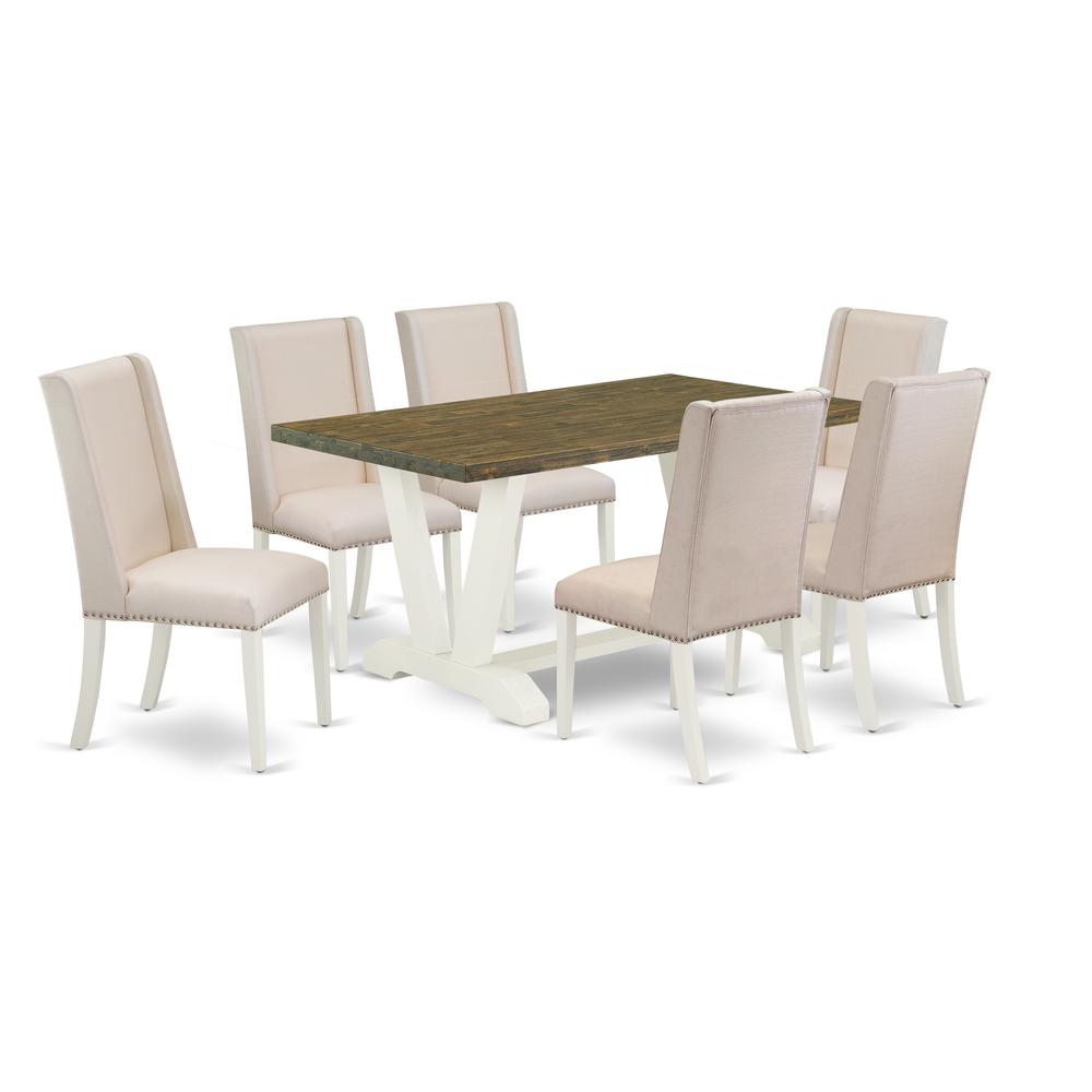 East West Furniture 7-Piece Gorgeous Modern Dining Table Set a Distressed Jacobean Color rectangular Table Top and 6 Beautiful Linen Fabric Cream Color Kitchen Chairs with Nail Heads and Stylish Chair