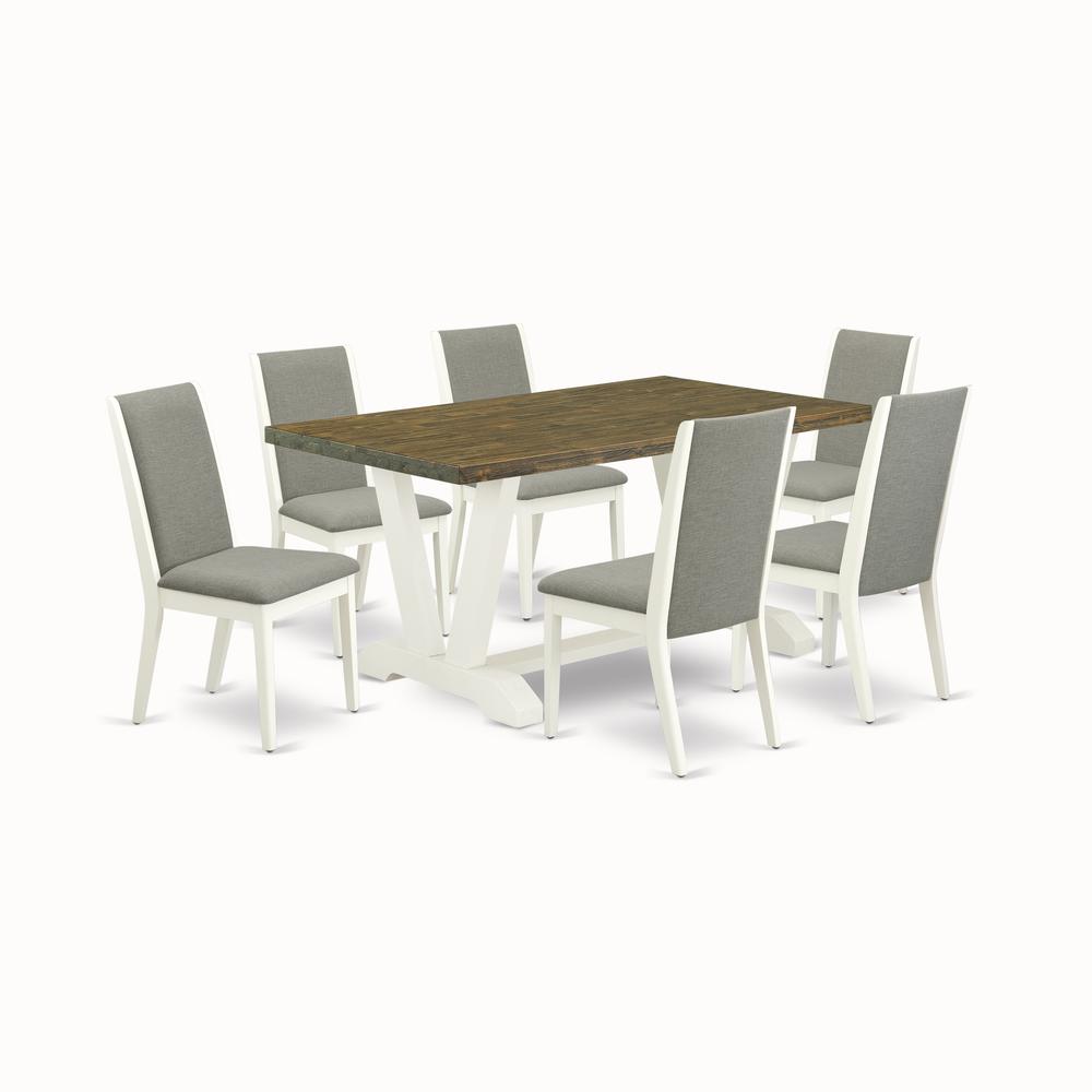 East West Furniture V076LA206-7 7-Pc Stylish Dining Set an Excellent Distressed Jacobean Color Modern Dining Table Top and 6 Stunning Linen Fabric Dining Chairs with Stylish Chair Back, Wire Brushed L