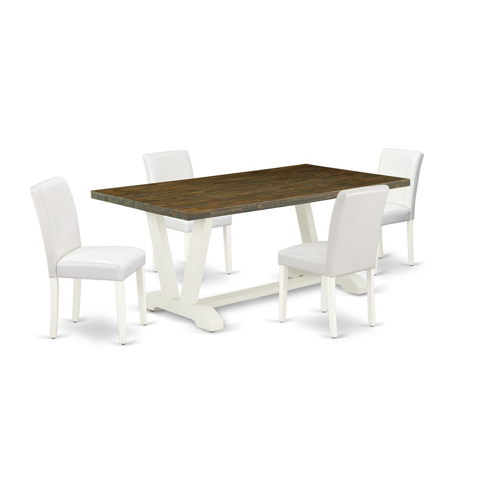 East West Furniture V077AB264-5 5-Piece Modern Dining room Set a Good Distressed Jacobean Dining Table Top and 4 Wonderful Pu Leather Parson Dining Room Chairs with Stylish Chair Back, Linen White Fin