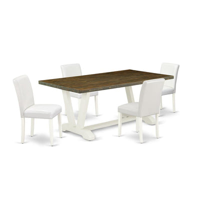 East West Furniture V077AB264-5 5-Piece Modern Dining room Set a Good Distressed Jacobean Dining Table Top and 4 Wonderful Pu Leather Parson Dining Room Chairs with Stylish Chair Back, Linen White Fin