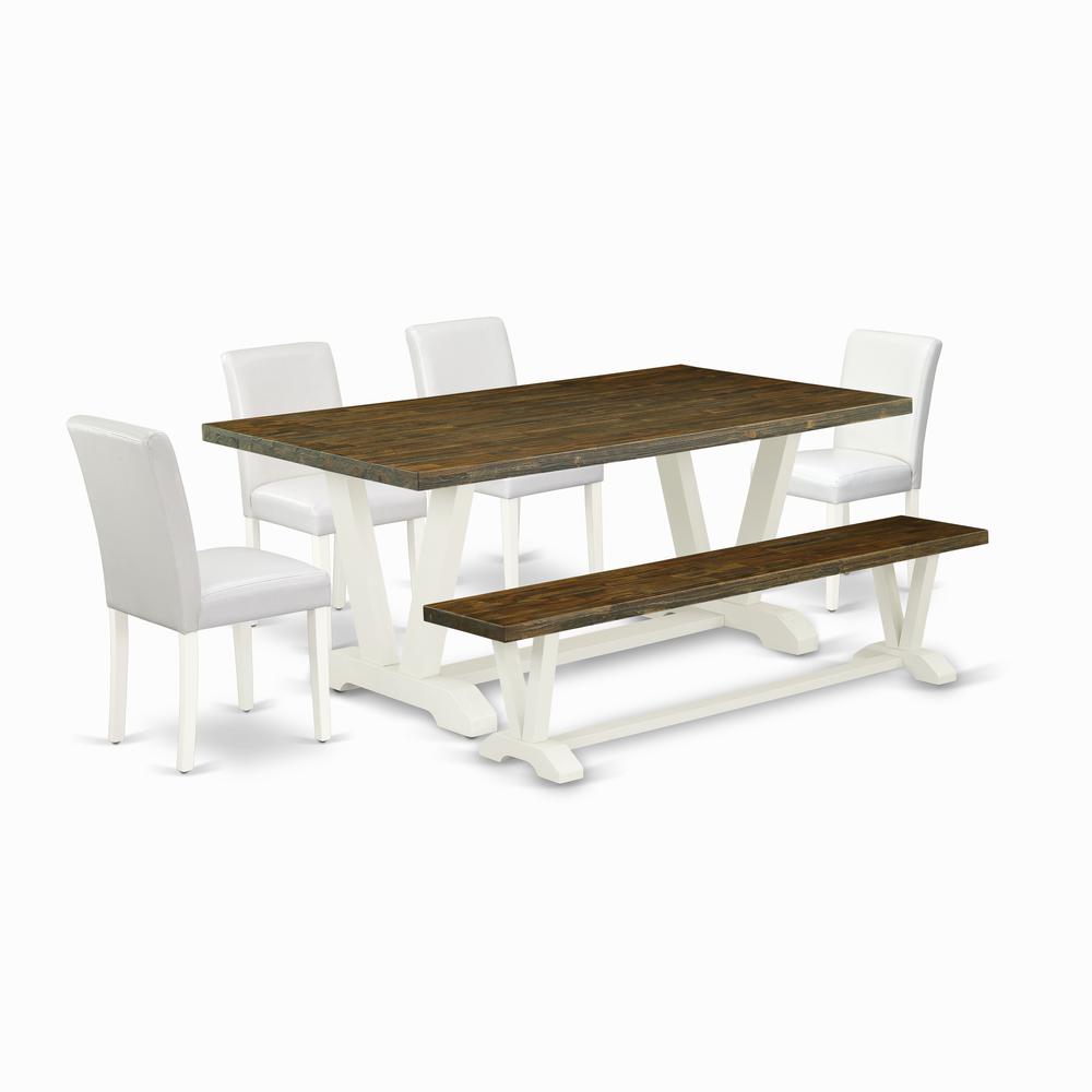 East West Furniture V077AB264-6 6-Piece Fashionable Dining Room Table Set a Superb Distressed Jacobean Kitchen Rectangular Table Top and Distressed Jacobean Wooden Bench Indoor and 4 Beautiful Pu Leat
