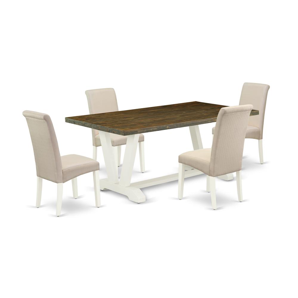 East West Furniture 5-Piece Fashionable Dining Room Set a Superb Distressed Jacobean Kitchen Rectangular Table Top and 4 Beautiful Linen Fabric Padded Chairs with High Roll Chair Back, Linen White Fin