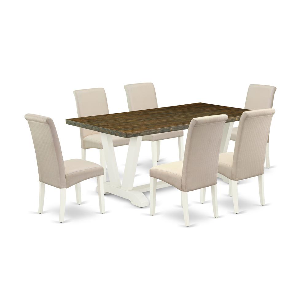 East West Furniture 7-Piece Awesome Dinette Set a Good Distressed Jacobean Wood Dining Table Top and 6 Lovely Linen Fabric Parson Chairs with High Roll Chair Back, Linen White Finish