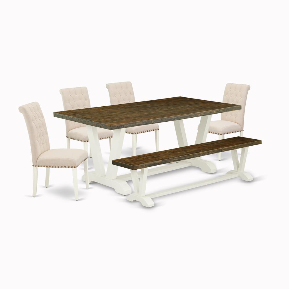 East West Furniture V077BR202-6 6-Piece Modern Dining Set an Outstanding Distressed Jacobean Wood Table Top and Distressed Jacobean Wood Bench and 4 Beautiful Linen Fabric Parson Chairs with Nail Head