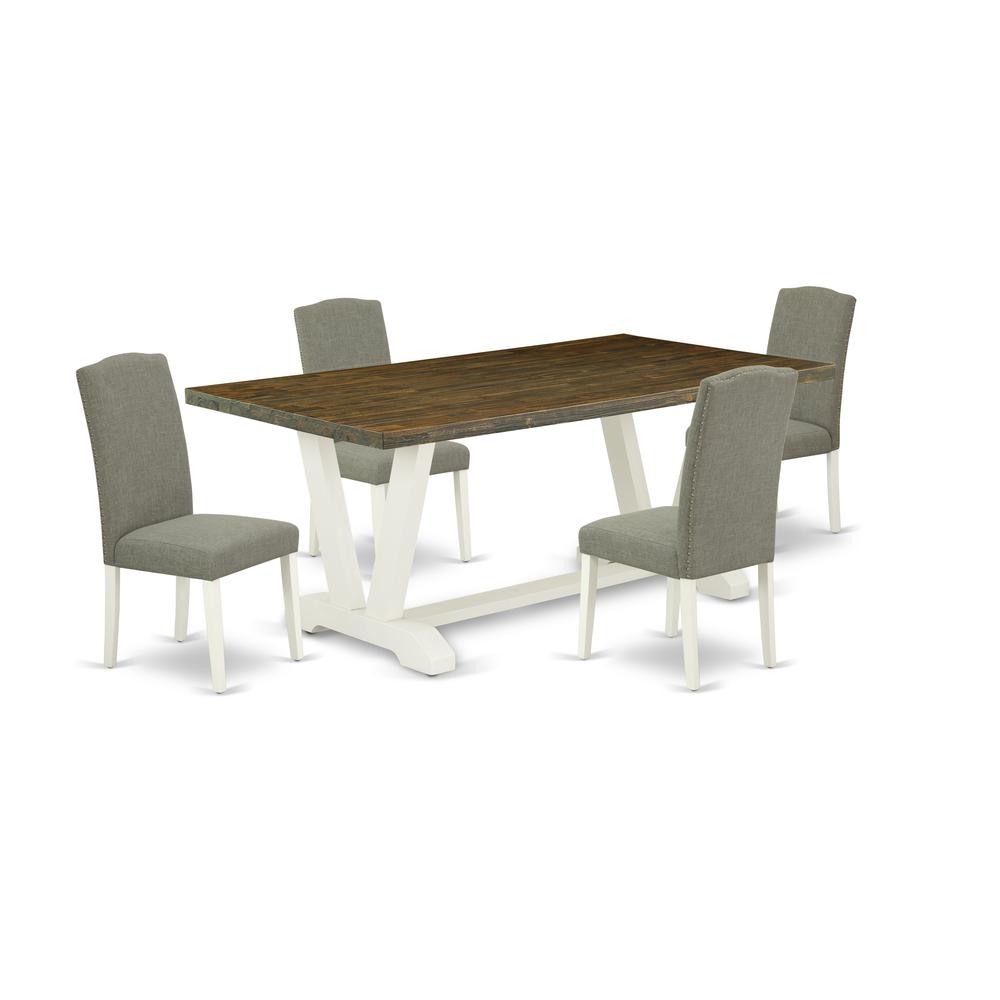 East West Furniture V077EN206-5 5-Piece Amazing Dining Table Set a Great Distressed Jacobean rectangular Table Top and 4 Excellent Linen Fabric Parson Chairs with Nail Heads and Stylish Chair Back, Li