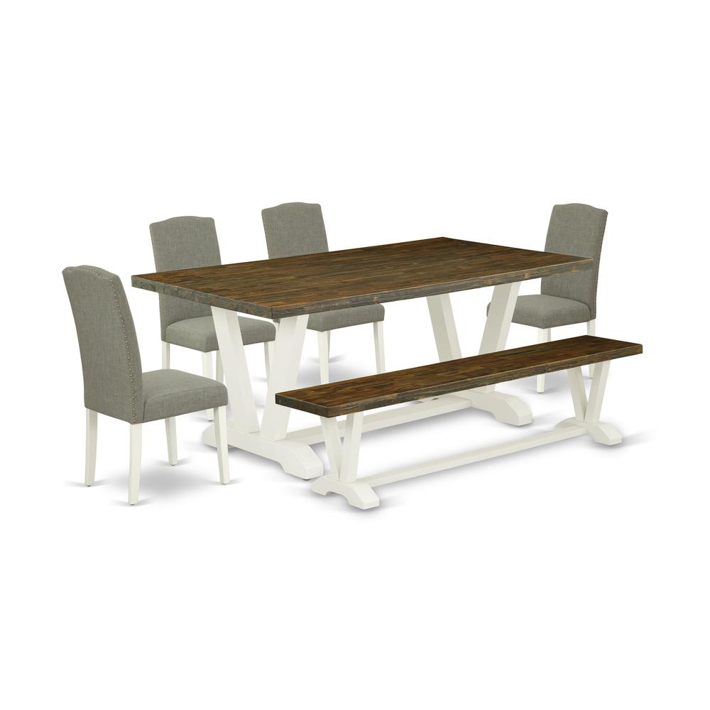 East West Furniture V077EN206-6 6-Piece Stylish Dining Set an Excellent Distressed Jacobean Kitchen Table Top and Distressed Jacobean Wooden Bench and 4 Attractive Linen Fabric Upholstered Dining Chai