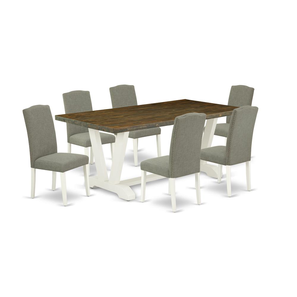 East West Furniture V077EN206-7 7-Piece Gorgeous Dining Set an Outstanding Distressed Jacobean Wood Dining Table Top and 6 Wonderful Linen Fabric Dining Chairs with Nail Heads and Stylish Chair Back,