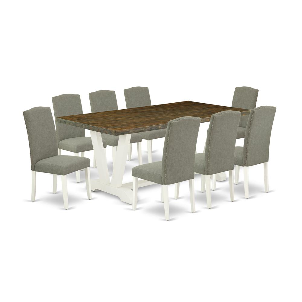 East West Furniture V077EN206-9 9-Piece Modern Dining Table Set an Excellent Distressed Jacobean dining table Top and 8 Stunning Linen Fabric Dining Chairs with Nails Head Stylish Chair Back, Linen Wh