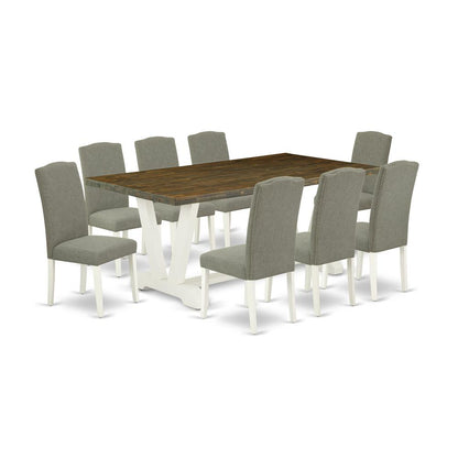 East West Furniture V077EN206-9 9-Piece Modern Dining Table Set an Excellent Distressed Jacobean dining table Top and 8 Stunning Linen Fabric Dining Chairs with Nails Head Stylish Chair Back, Linen Wh