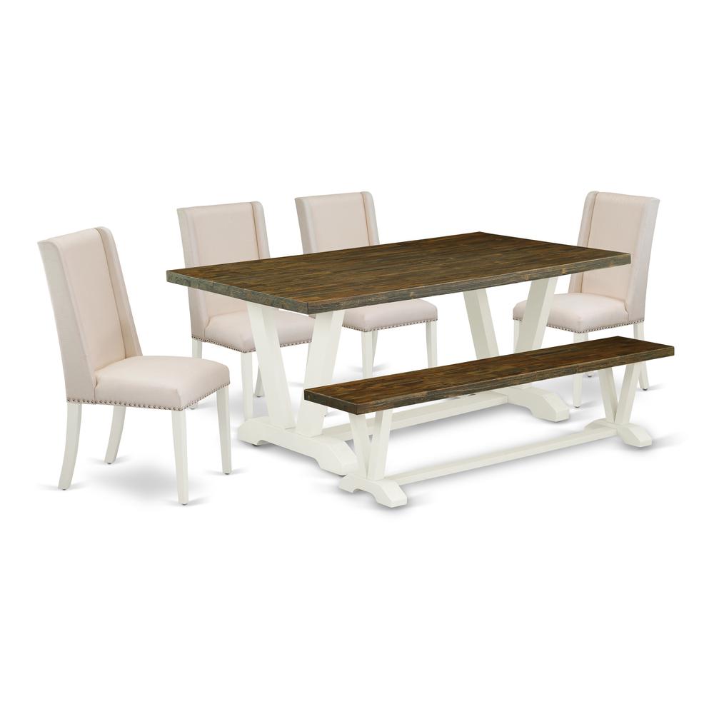 East West Furniture 6-Piece Amazing Rectangular Dining Room Table Set an Outstanding Distressed Jacobean Kitchen Rectangular Table Top and Distressed Jacobean Dining Bench and 4 Lovely Linen Fabric Di