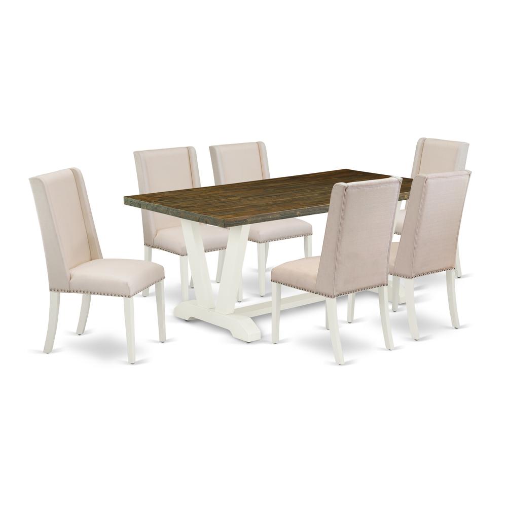 East West Furniture 7-Pc Awesome Dining Set an Outstanding Distressed Jacobean Color Dining Room Table Top and 6 Stunning Linen Fabric Padded Parson Chairs with Nail Heads and Stylish Chair Back, Wire