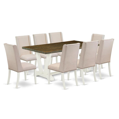 East West Furniture 9-Piece Fashionable Dining Room Set an Outstanding Distressed Jacobean Dining Room Table Top and 8 Amazing Linen Fabric Parson Dining Room Chairs with Nails Head and Stylish Chair