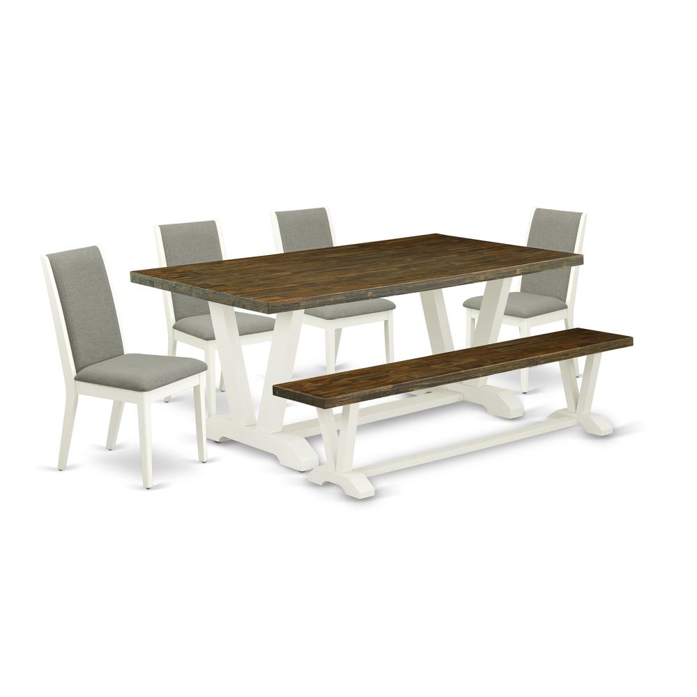 East West Furniture V077LA206-6 6-Piece Amazing Dining Table Set an Outstanding Distressed Jacobean Wood Table Top and Distressed Jacobean Wooden Bench Indoor and 4 Gorgeous Linen Fabric Parson Dining