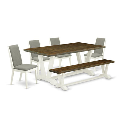 East West Furniture V077LA206-6 6-Piece Amazing Dining Table Set an Outstanding Distressed Jacobean Wood Table Top and Distressed Jacobean Wooden Bench Indoor and 4 Gorgeous Linen Fabric Parson Dining
