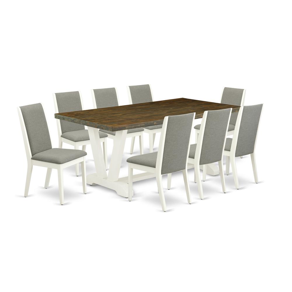 East West Furniture V077LA206-9 9-Piece Fashionable Dining Set an Excellent Distressed Jacobean dining table Top and 8 Stunning Linen Fabric Parson Dining Chairs with Stylish Chair Back, Linen White F