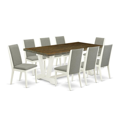 East West Furniture V077LA206-9 9-Piece Fashionable Dining Set an Excellent Distressed Jacobean dining table Top and 8 Stunning Linen Fabric Parson Dining Chairs with Stylish Chair Back, Linen White F