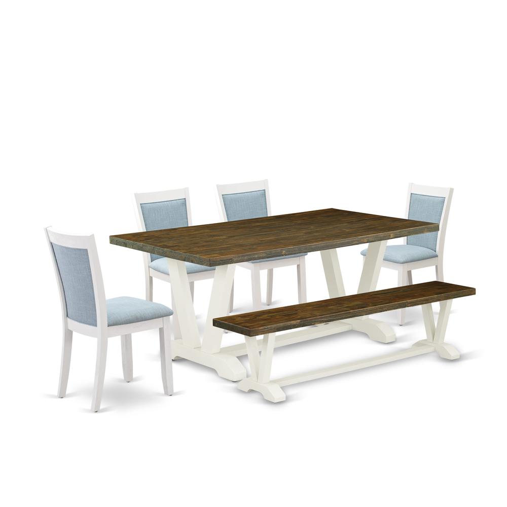 East West Furniture 6-Pc Kitchen Table Set Contains a Wooden Dining Table - 4 Baby Blue Linen Fabric Dining Chairs with Stylish Back and a Wood Bench - Wire Brushed Linen White Finish