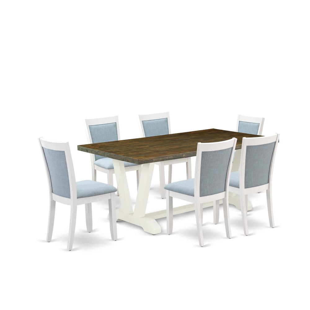 East West Furniture 7-Pc Dining Room Table Set Contains a Dining Table and 6 Baby Blue Linen Fabric Dining Room Chairs with Stylish Back - Wire Brushed Linen White Finish