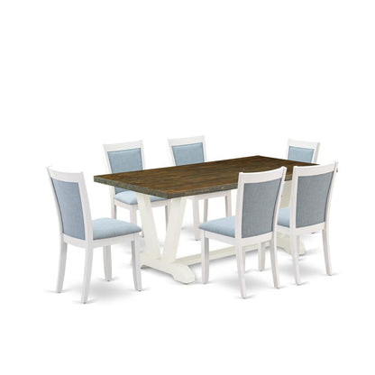 East West Furniture 7-Pc Dining Room Table Set Contains a Dining Table and 6 Baby Blue Linen Fabric Dining Room Chairs with Stylish Back - Wire Brushed Linen White Finish
